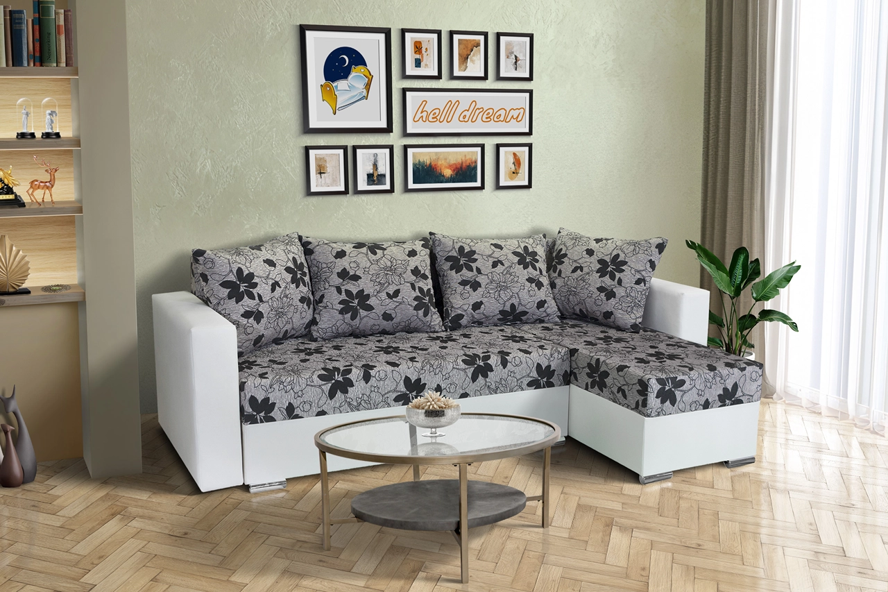 Virág ágyazható sarokülő fehér bőr Aroba virágos szövet