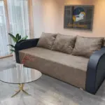 Dénes kanapé ágyazható ágyneműtartós bőr kar világos barna zsákszövet