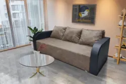 Dénes kanapé ágyazható ágyneműtartós bőr kar világos barna zsákszövet