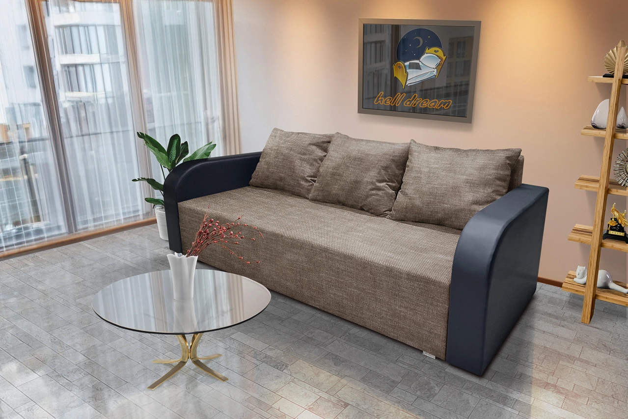 Dénes kanapé ágyazható ágyneműtartós bőr kar világos barna zsákszövet