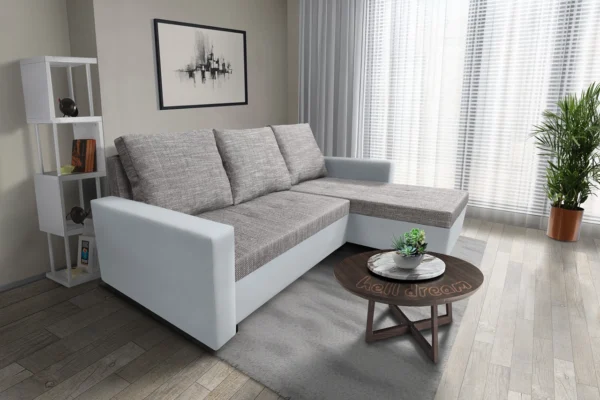 Fáraó sarokkanapé fehér bőr világosszürke zsákszövet Fáraó sarokkanapé fehér bőr világosszürke zsákszövet