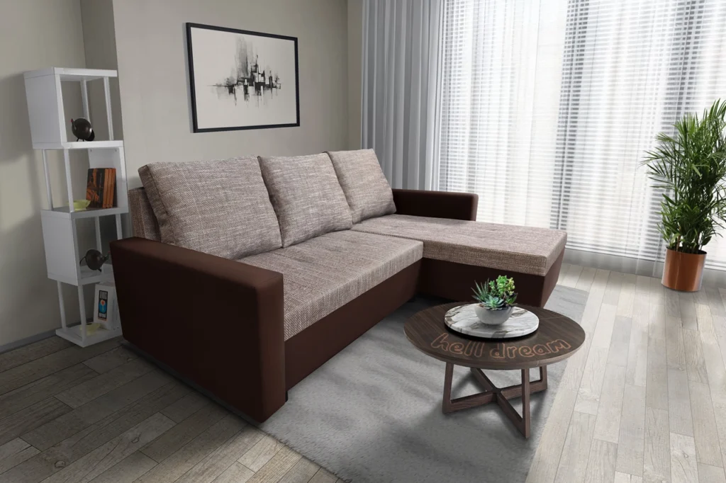 Fáraó sarokkanapé barna bőr világosbarna zsákszövet