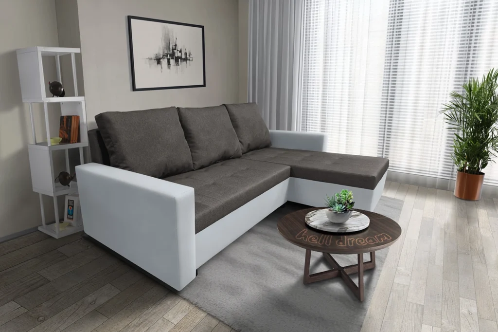 Fáraó sarokkanapé fehér bőr kvarcszürke szövet