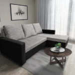 Fáraó sarokkanapé fekete bőr világosszürke zsákszövet