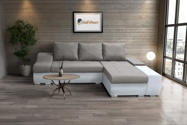 Róma sarokkanapé fehér bőr szamárszürke szövet Róma l alakú sarokülő kicsi fehér bőr szamárszürke szövet