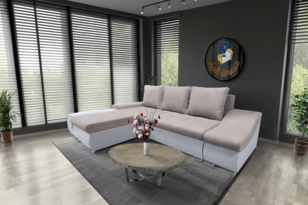 Róma sarokkanapé fehér bőr szamárszürke szövet Róma sarokkanapé fehér bőr szamárszürke szövet