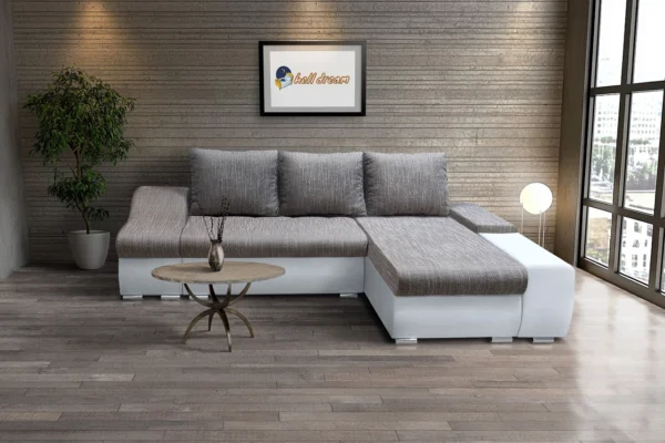 Róma l alakú sarokülő fehér bőr világos szürke zsákszövet