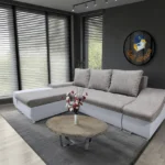 Róma sarokkanapé fehér bőr világos szürke zsákszövet