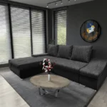 Róma sarokkanapé fekete bőr sötétszürke zsákszövet