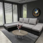 Róma sarokkanapé fekete bőr világos szürke zsákszövet