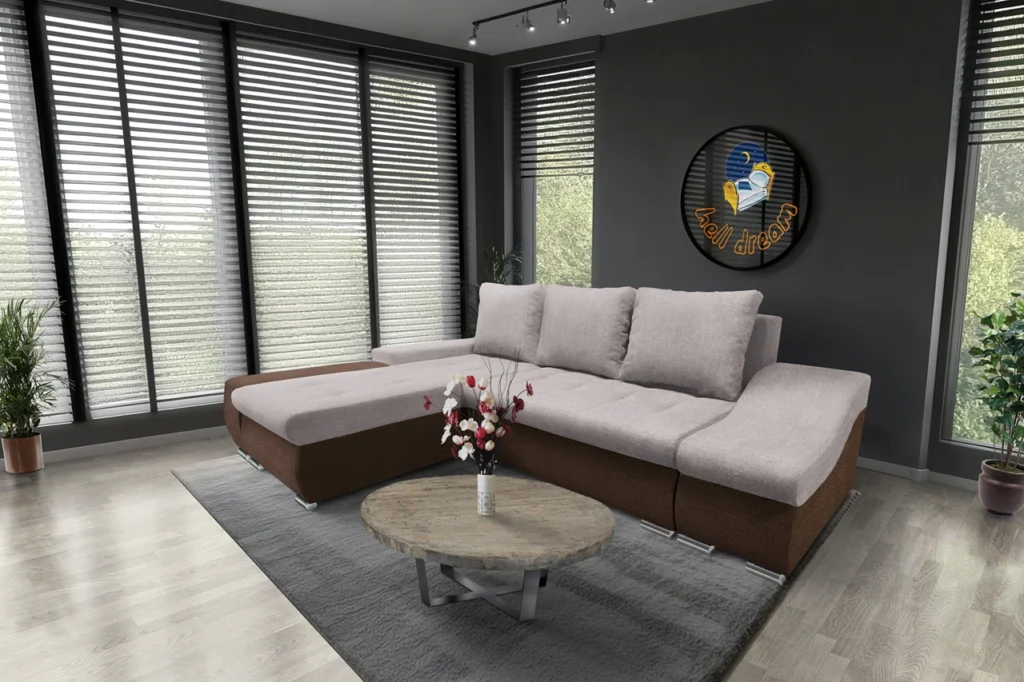 Róma sarokkanapé sötét mahagóni és szamárszürke szövet