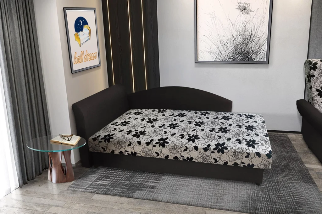 Aroba 200x100 cm saroktámlás heverő fekete színű szövet és Aroba virágos minta