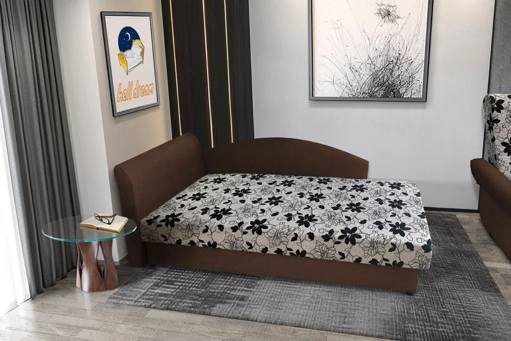 Aroba 200x90 cm saroktámlás heverő sötét mahagóni színű szövet és Aroba virágos minta