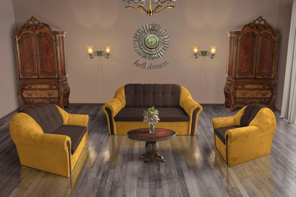 Alíz 3-2-1 ülőgarnitúra selyemfényű arany és sötét mahagóni színekben