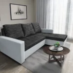 Fáraó L alakú sarokkanapé fehér bőr sötétszürke zsákszövet