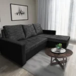 Fáraó L alakú sarokkanapé fekete bőr sötétszürke zsákszövet