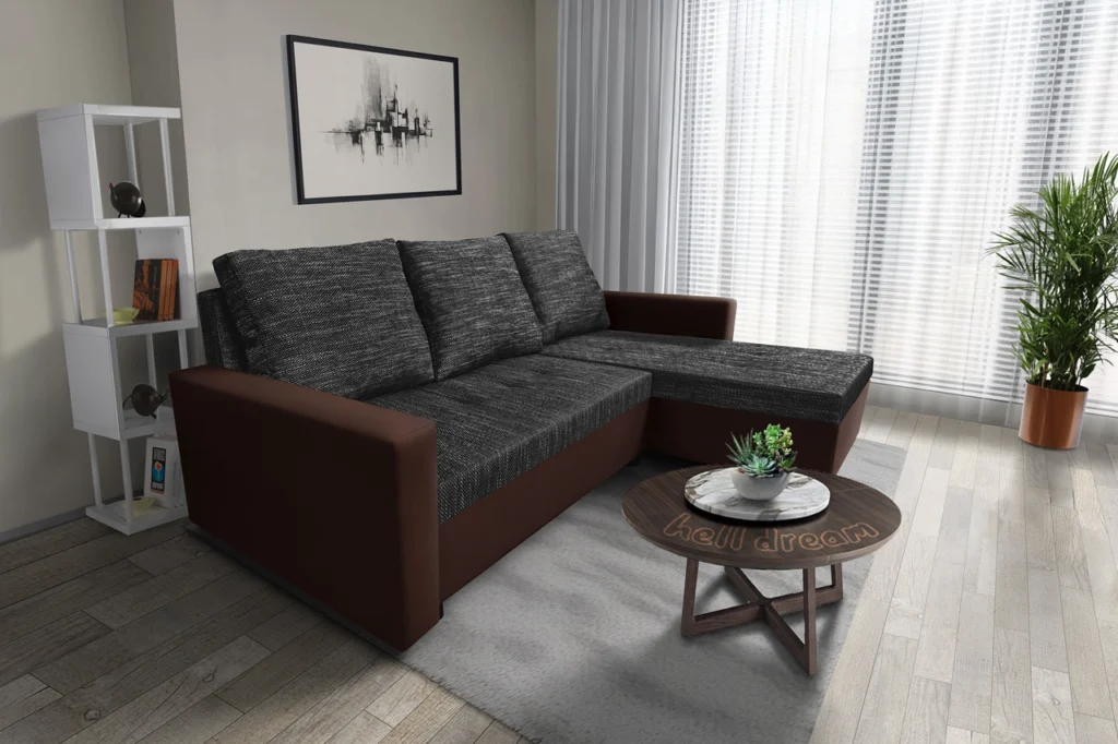 Fáraó sarokkanapé barna bőr sötétszürke zsákszövet