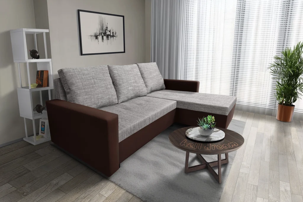 Fáraó sarokkanapé barna bőr világosszürke zsákszövet