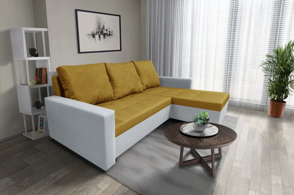 Fáraó sarokkanapé fehér bőr őszarany szövet