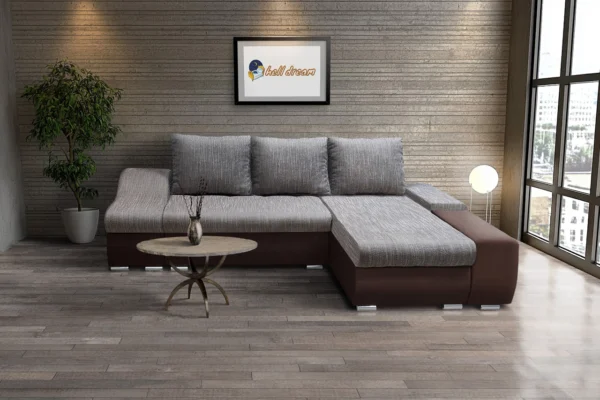 Róma l alakú sarokülő kicsi barna bőr világosszürke zsákszövet