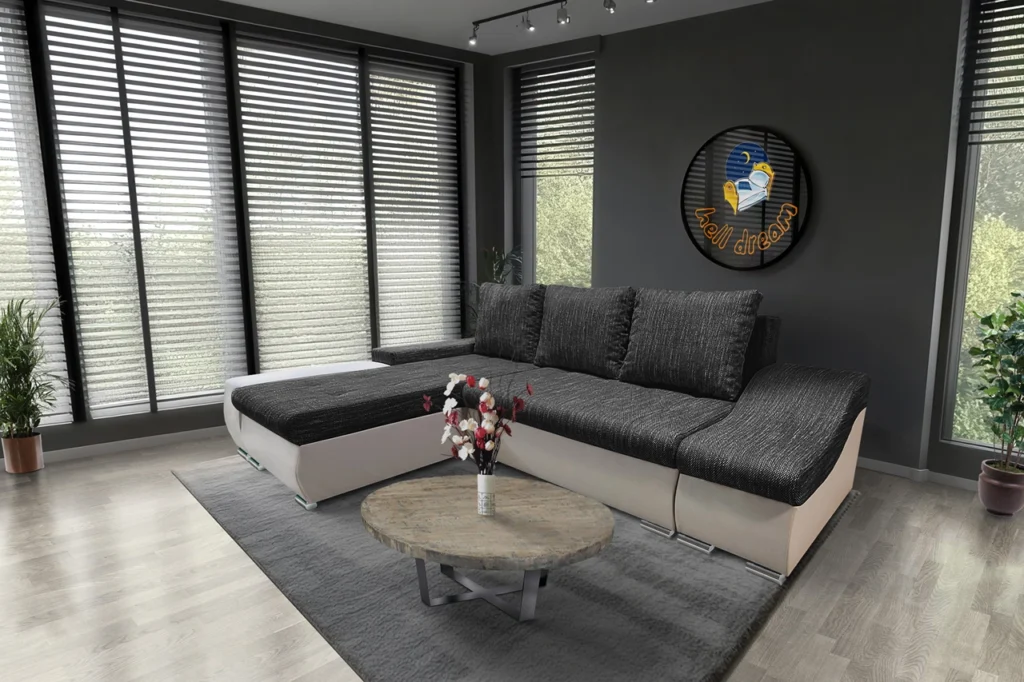 Róma sarokkanapé nagy bézs bőr sötétszürke zsákszövet