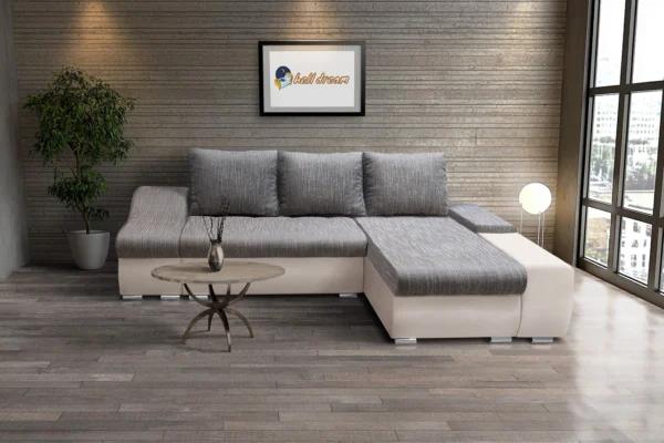 Róma l alakú sarokülő kicsi bézs bőr világosszürke zsákszövet