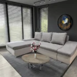 Róma sarokkanapé nagy bézs bőr világosszürke zsákszövet