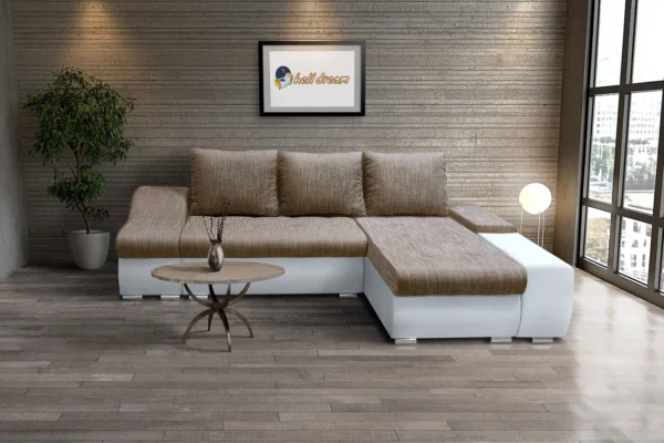 Róma l alakú sarokülő kicsi fehér bőr világosbarna zsákszövet