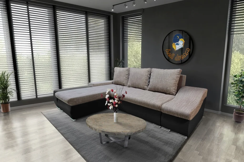 Róma sarokkanapé nagy fekete bőr világosbarna zsákszövet