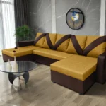 WOW U alakú sarokkanapé barna bőr - őszarany szövet