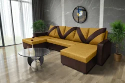 WOW U alakú sarokkanapé barna bőr - őszarany szövet