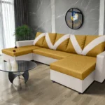 WOW U alakú sarokkanapé bézs bőr - őszarany szövet