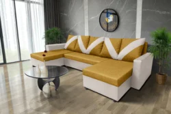 WOW U alakú sarokkanapé bézs bőr - őszarany szövet