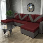 WOW U alakú sarokkanapé kvarcszürke - ódon borvörös szövet