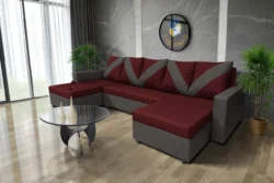 WOW U alakú sarokkanapé kvarcszürke - ódon borvörös szövet