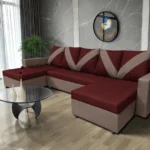 WOW U alakú sarokkanapé pasztell taupe - ódon borvörös szövet