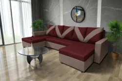 WOW U alakú sarokkanapé pasztell taupe - ódon borvörös szövet