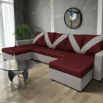 WOW U alakú sarokkanapé szamárszürke - ódon borvörös szövet