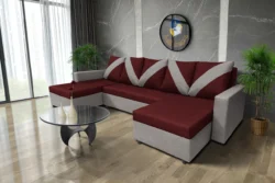 WOW U alakú sarokkanapé szamárszürke - ódon borvörös szövet