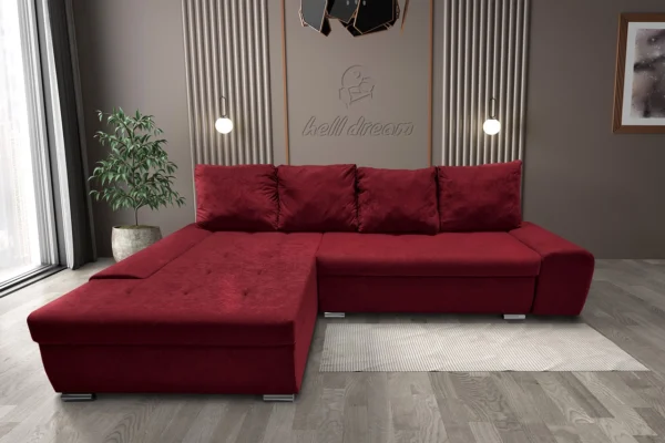 Wixy silver l alakú sarokkanapé ágyazható antik rubintvörös színben