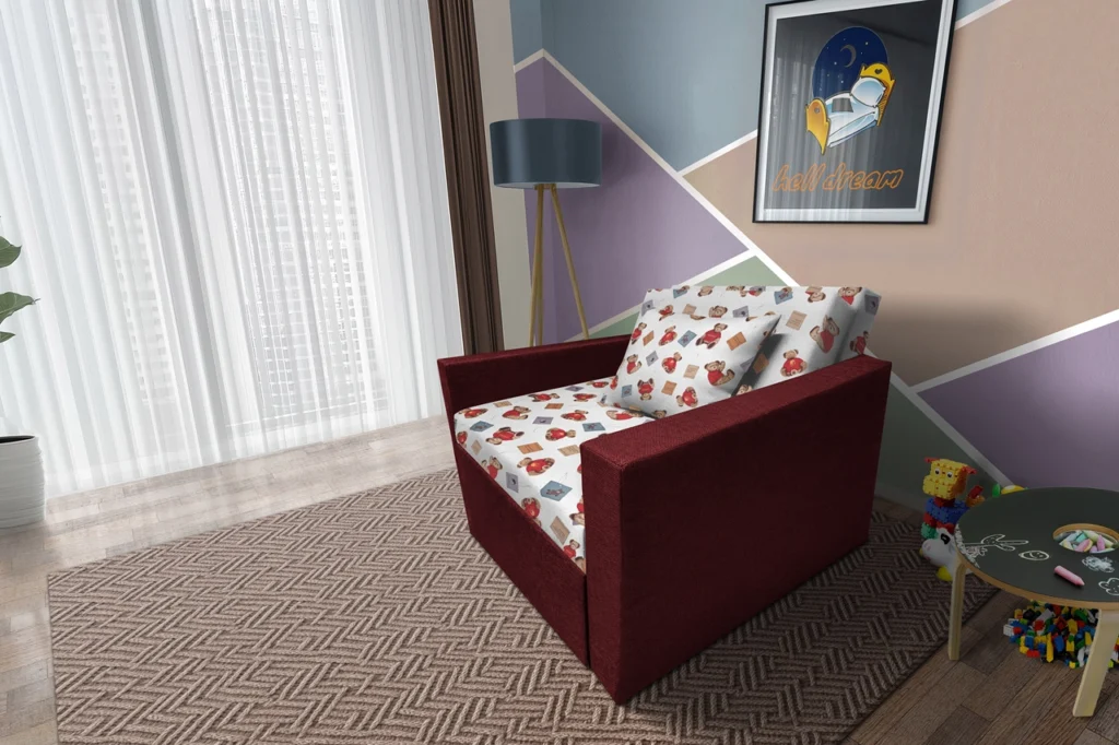 Brumi kinyitható gyerek fotelágy ódon borvörös színű szövet és Teddy macis minta