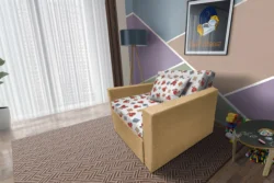 Brumi kinyitható gyerek fotelágy okker színű szövet és Teddy macis minta