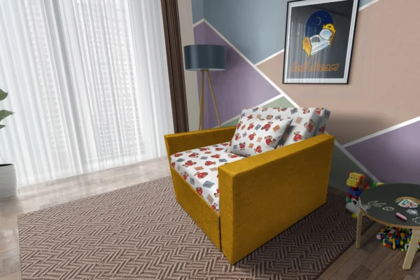 Brumi kinyitható gyerek fotelágy őszarany színű szövet és teddy macis minta Brumi kinyitható gyerek fotelágy őszarany színű szövet és teddy macis minta