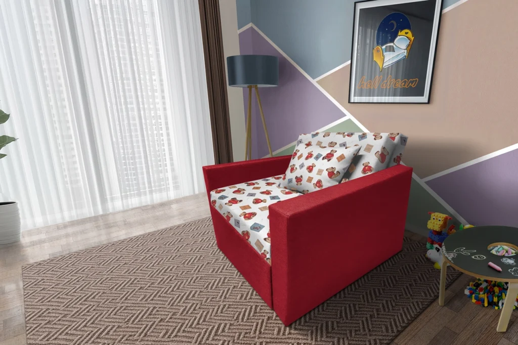 Brumi kinyitható gyerek fotelágy piros színű szövet és Teddy macis minta