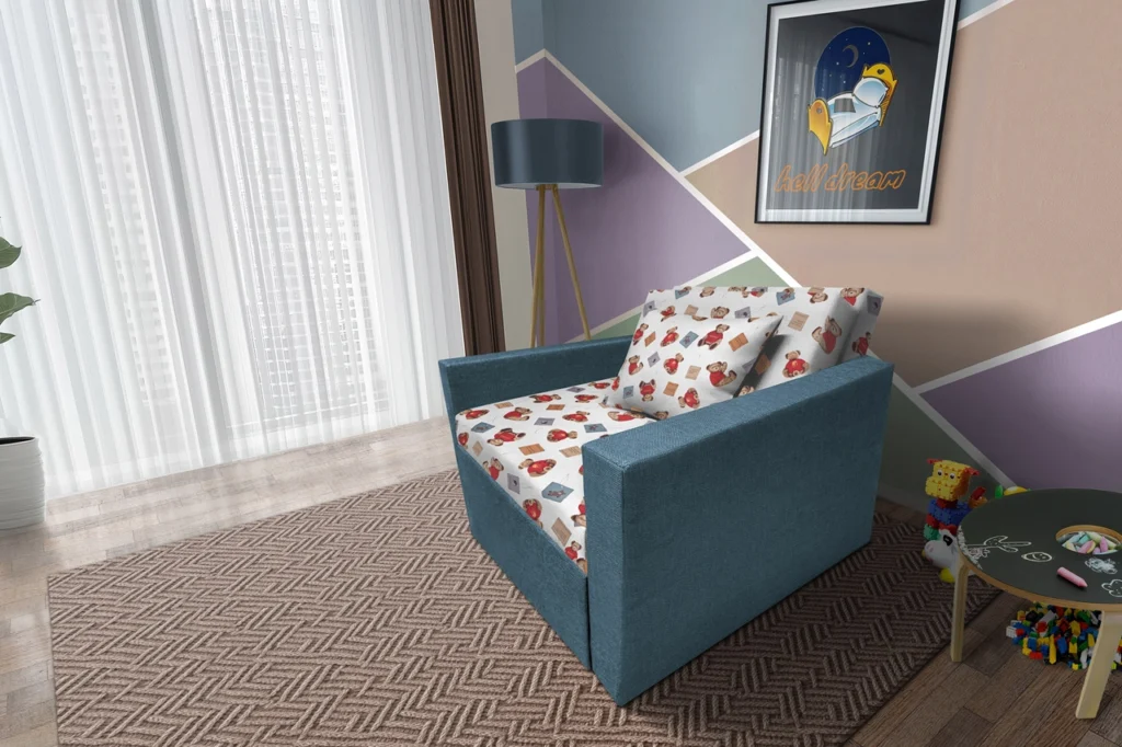 Brumi kinyitható gyerek fotelágy szürkés kadét színű szövet és Teddy macis minta