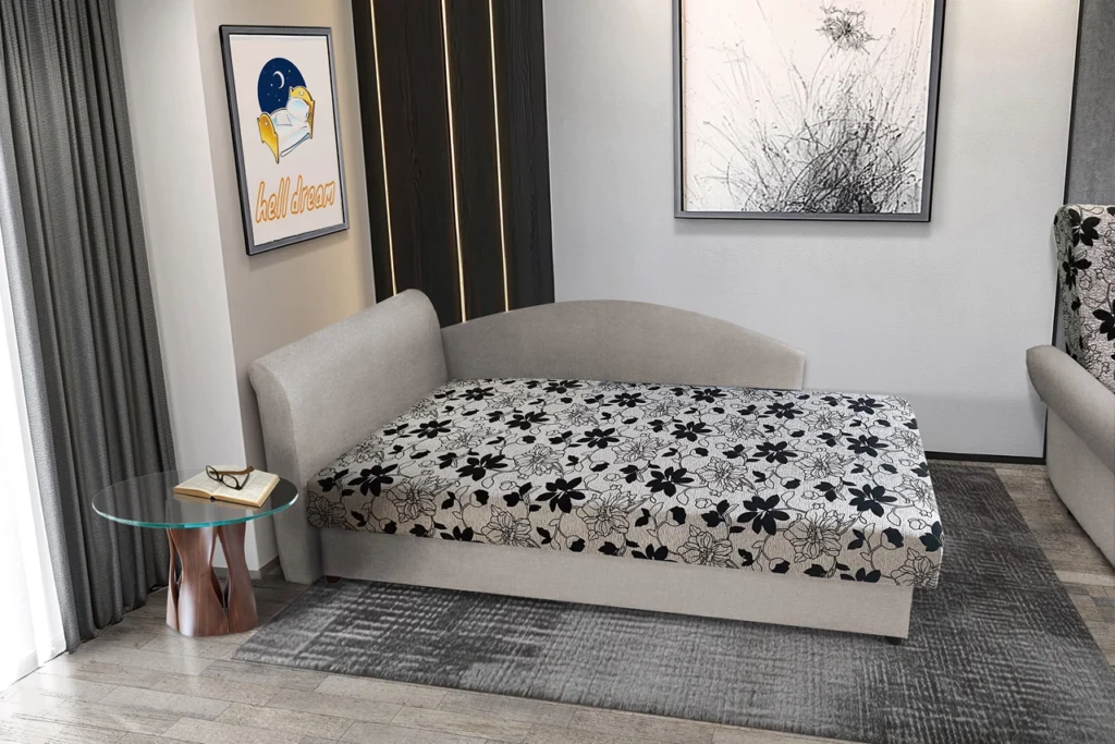 Aroba saroktámlás heverő ezüst serlegszürke színű szövet és Aroba virágos minta