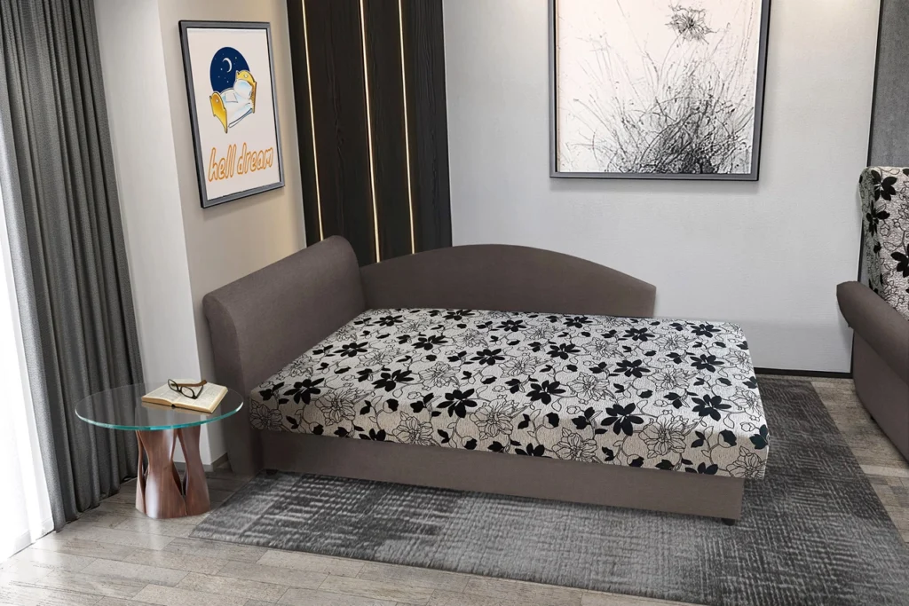 Aroba saroktámlás heverő mély földszürke színű szövet és Aroba virágos minta