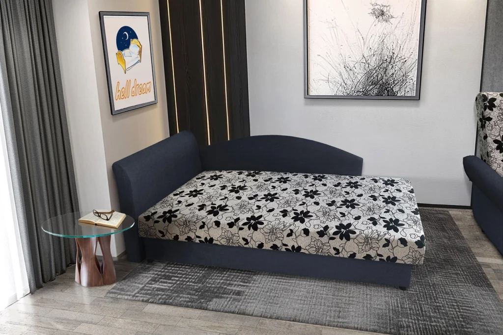 Aroba saroktámlás heverő ónix színű szövet és Aroba virágos minta