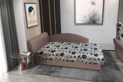 Aroba saroktámlás heverő pasztell taupe színű szövet és Aroba virágos minta