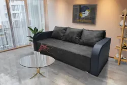 Dénes kanapé ágyazható ágyneműtartós bőr kar sötét szürke zsákszövet